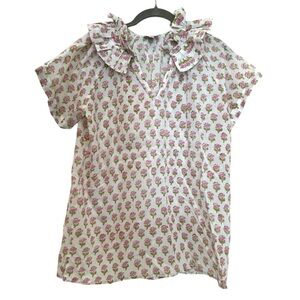 K1. Saule Parc Block Print Pink Ruffle Collar Floral Cotton Top